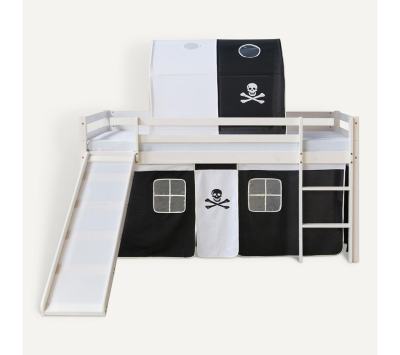 Lit Mi-haut 90x200 Avec Échelle, Tunnel, Toboggan Et Rideau Pirate Noir