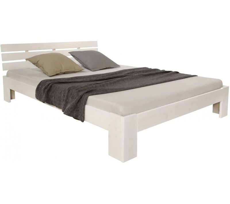 Lit Double En Bois Massif 180x200cm Blanc Pin Lit Futon à Lattes Cadre De Lit