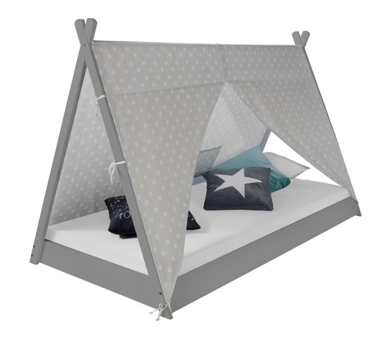 Lit Tipi Enfant 90x200 En Tissu Gris Étoilé Pour Une Chambre Magique
