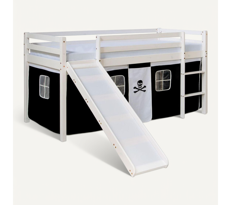 Lit Mi-hauteur Avec Rideaux - Noir Pirate Avec Sommier 90x200 Cm