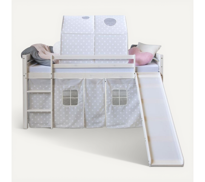 Lit Mi-haut Toboggan 90x200 Sommier Pin Tunnel étoiles Grises