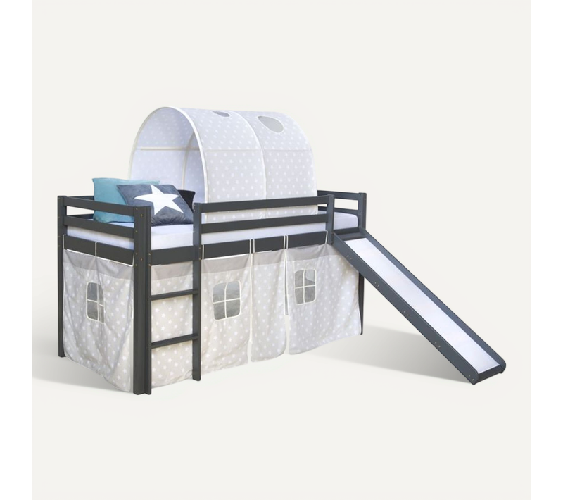 Lit Mi-haut Toboggan 90x200 Gris Pin Tunnel étoiles