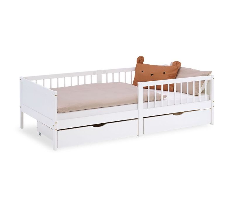 Lit Simple 90x200 2 Tiroirs Bois Blanc Enfant