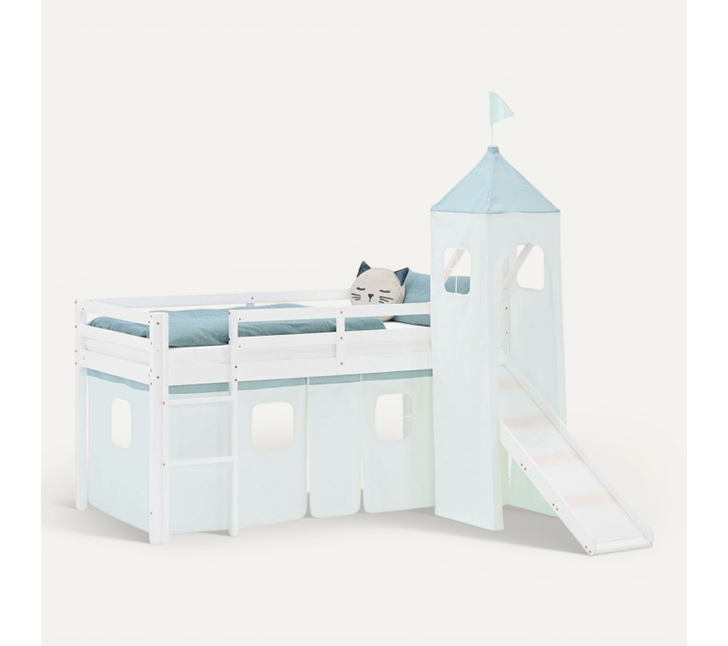 Lit Mi-haut 90x200cm Avec Toboggan, Tour Et Rideau Pin Vert