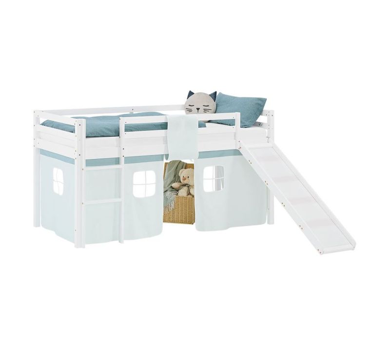 Lit Mi-haut 90x200cm Avec Toboggan, Sommier Et Rideau Pin Vert