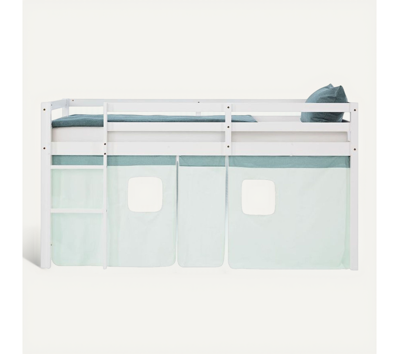 Lit Mi-hauteur 90x200 Cm Matelas Rideau Vert Lattes
