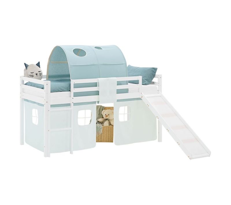 Lit Mi-haut 90x200cm Avec Toboggan, Matelas, Tunnel Et Rideau Vert