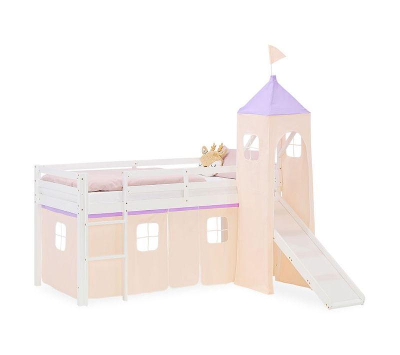 Lit Mi-haut 90x200cm Avec Toboggan, Tour Et Rideau Pin Violet/pêche