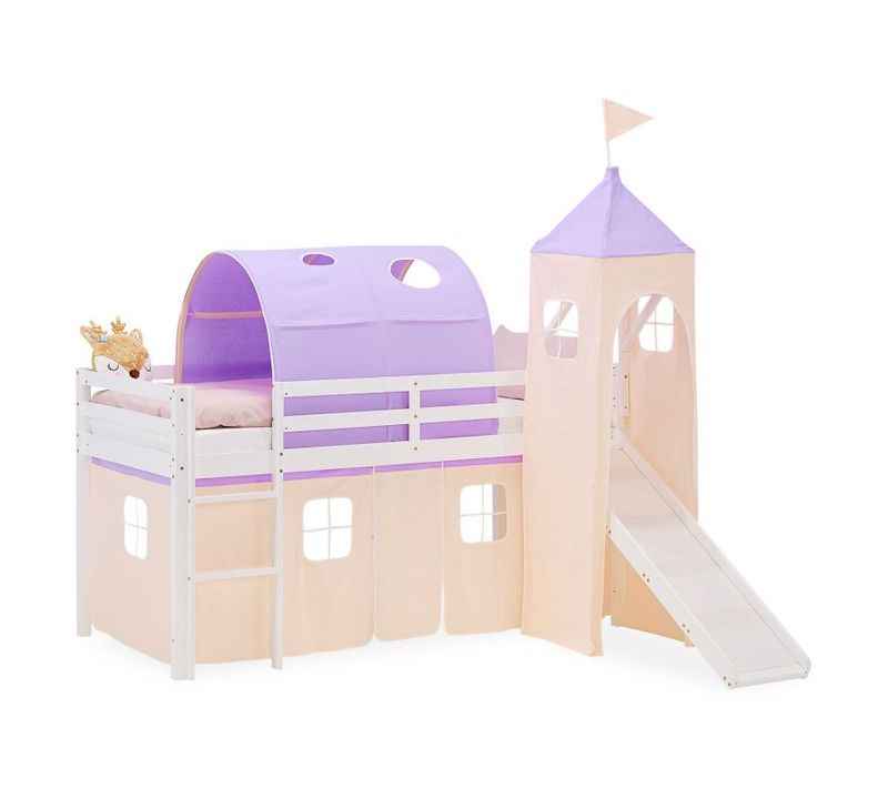 Lit Mi-haut 90x200cm Toboggan, Tour, Tunnel Et Rideau Pin Pêche