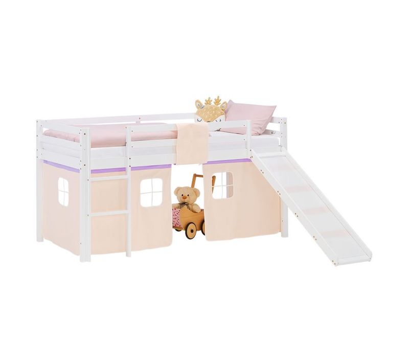 Lit Mi-haut 90x200cm Avec Toboggan, Sommier Et Rideau Pin Violet/pêche