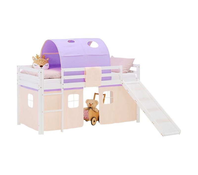 Lit Mi-haut 90x200cm Sommier, Toboggan, Tunnel Et Rideau Pin Pêche