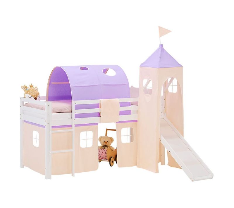 Lit Mi-haut 90x200cm Sommier, Toboggan, Tour, Tunnel Et Rideau Pin Violet