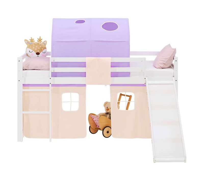 Lit Mi-haut 90x200cm Avec Matelas, Toboggan, Tunnel Et Rideau Pêche