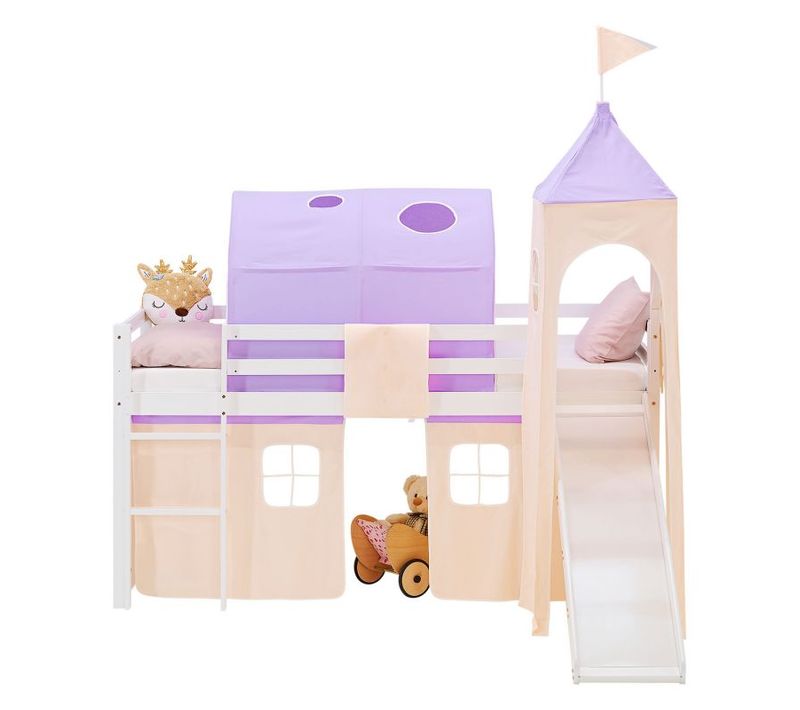 Lit Mi-haut 90x200cm Avec Matelas, Toboggan, Tour, Tunnel Et Rideau Violet