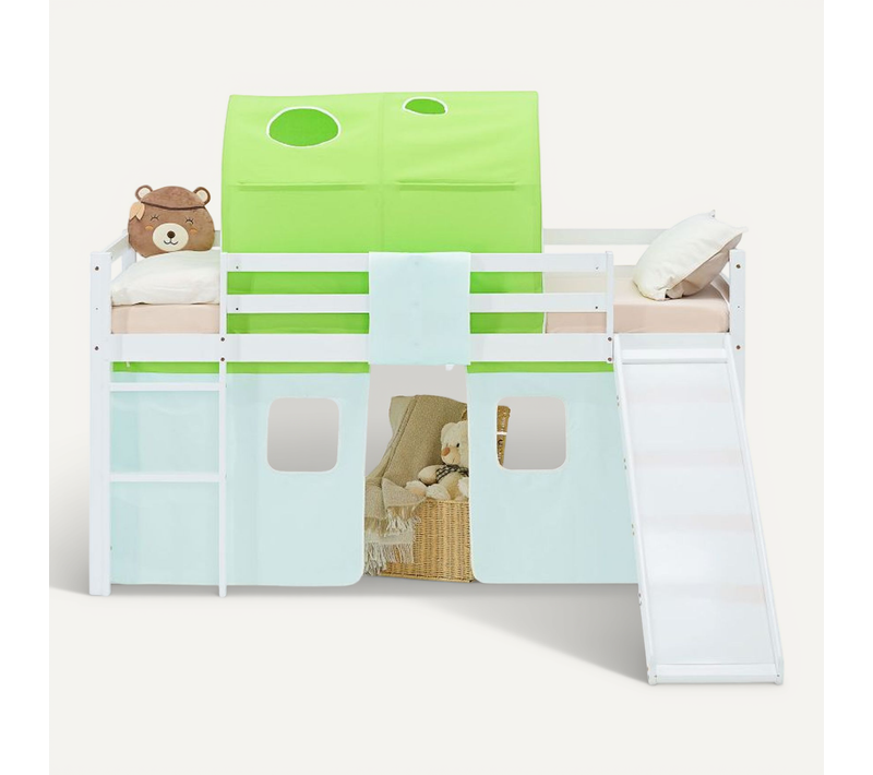 Lit Mi-haut 90x200cm Avec Toboggan, Tunnel Et Rideau Pin Vert