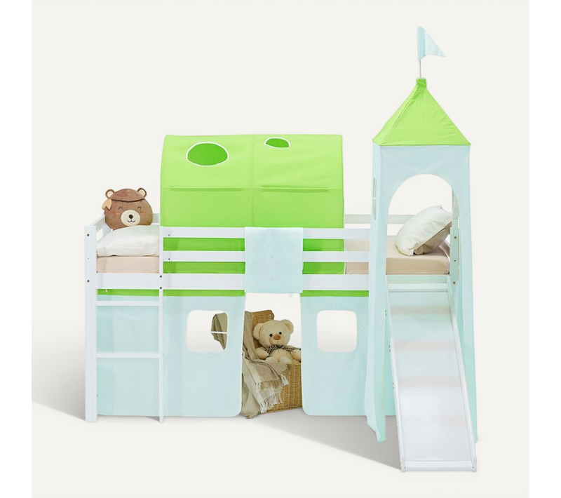 Lit Mi-haut 90x200cm Toboggan, Tour, Tunnel Et Rideau Pin Vert