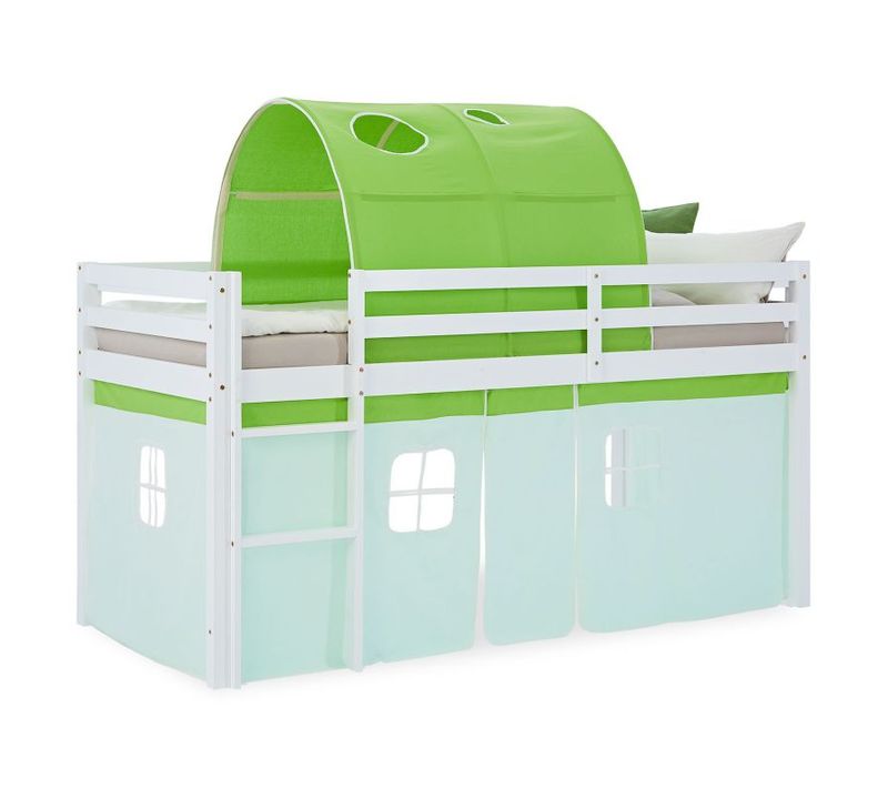 Lit Mi-haut 90x200cm Toboggan, Sommier, Tunnel Et Rideau Pin Vert