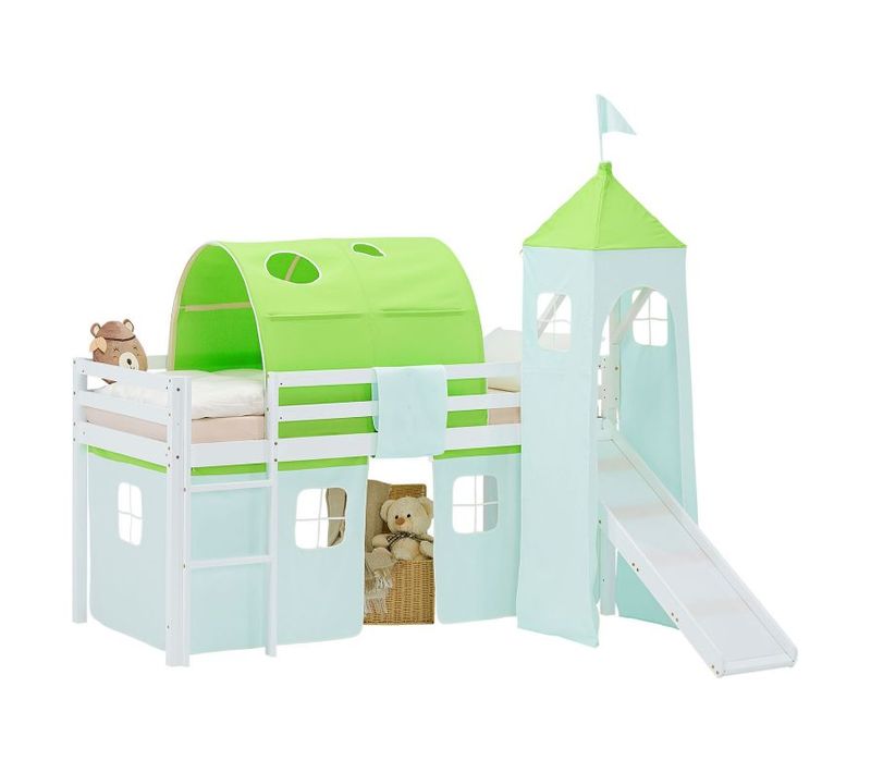 Lit Mi-haut 90x200cm Sommier, Toboggan, Tour, Tunnel Et Rideau Pin Vert