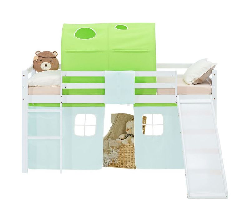 Lit Mi-haut 90x200cm Avec Toboggan, Matelas, Tunnel Et Rideau Vert