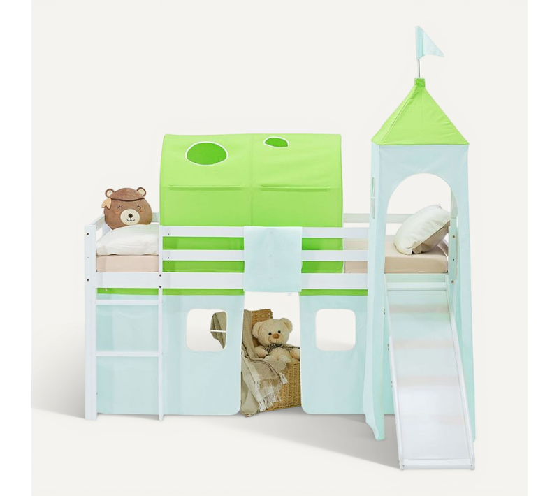 Lit Mi-haut 90x200cm Avec Toboggan, Matelas, Tour, Tunnel Et Rideau Vert