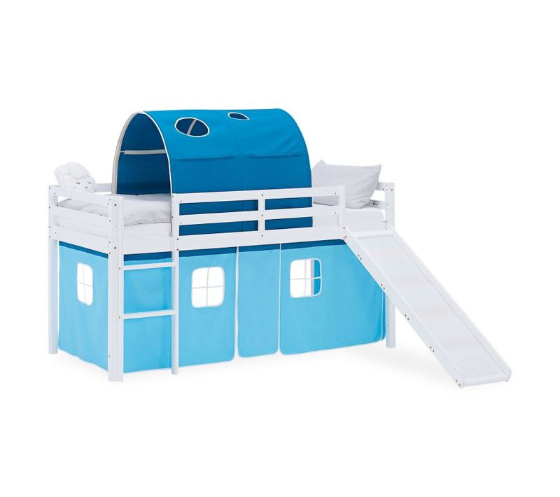 Lit Mi-haut 90x200cm Avec Toboggan, Tunnel Et Rideau Pin Bleu