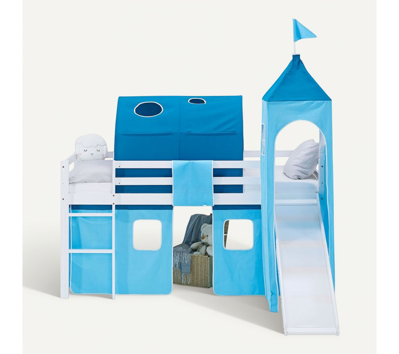 Lit Mi-haut 90x200cm Toboggan, Tour, Tunnel Et Rideau Pin Bleu