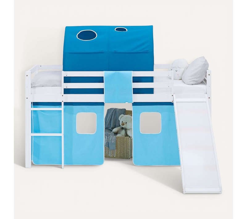 Lit Mi-haut 90x200cm Avec Toboggan, Matelas, Tunnel Et Rideau Bleu
