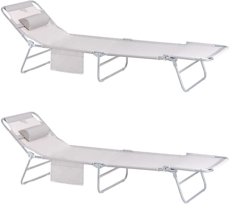 Longues Bains De Soleil Transats De Jardin Pliant Chaises De Camping Inclinables, Beige, Ogs35-mix2