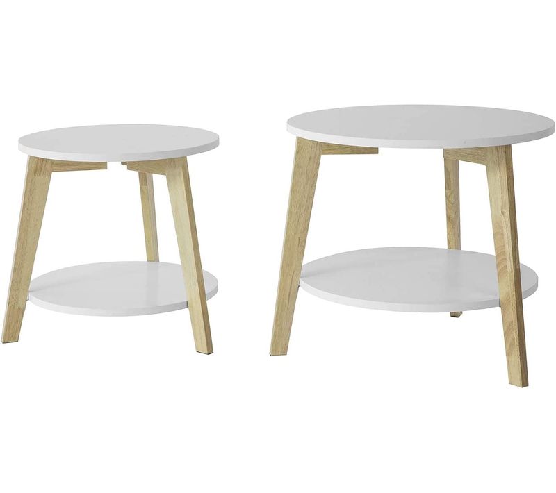 Set De 2-blanc Et Bois Ronde Table D'appoint Table Basse Ronde Guéridon, Fbt75-w