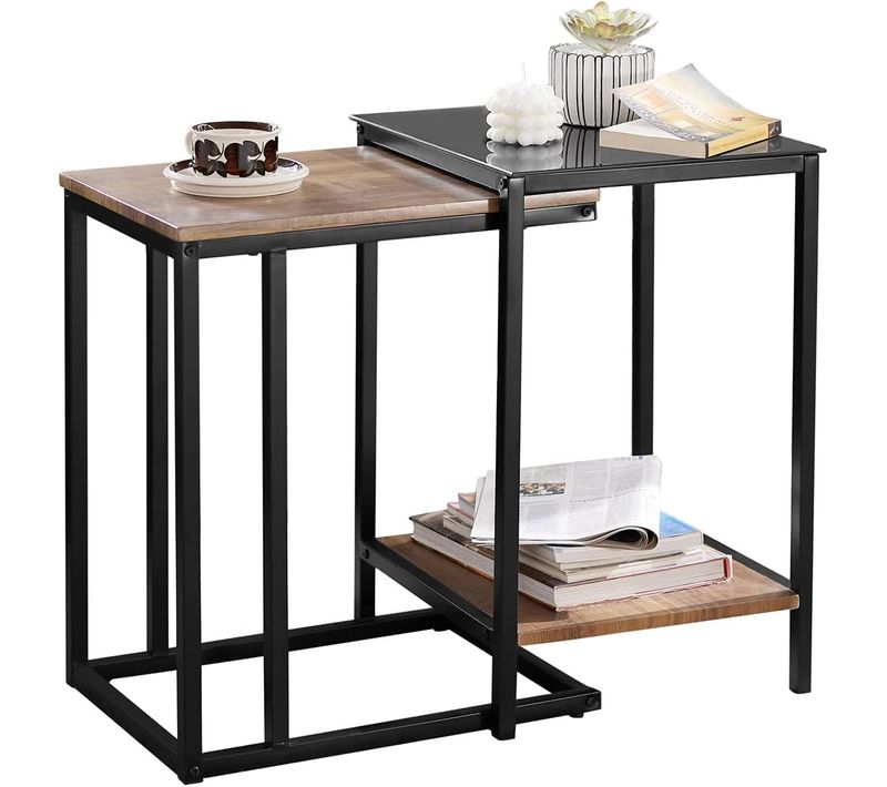 Tables Basses Gigognes, Lot De 2, Bouts De Canapé, Tables De Salon En Bois Et Verre Trempé, Fbt99-f