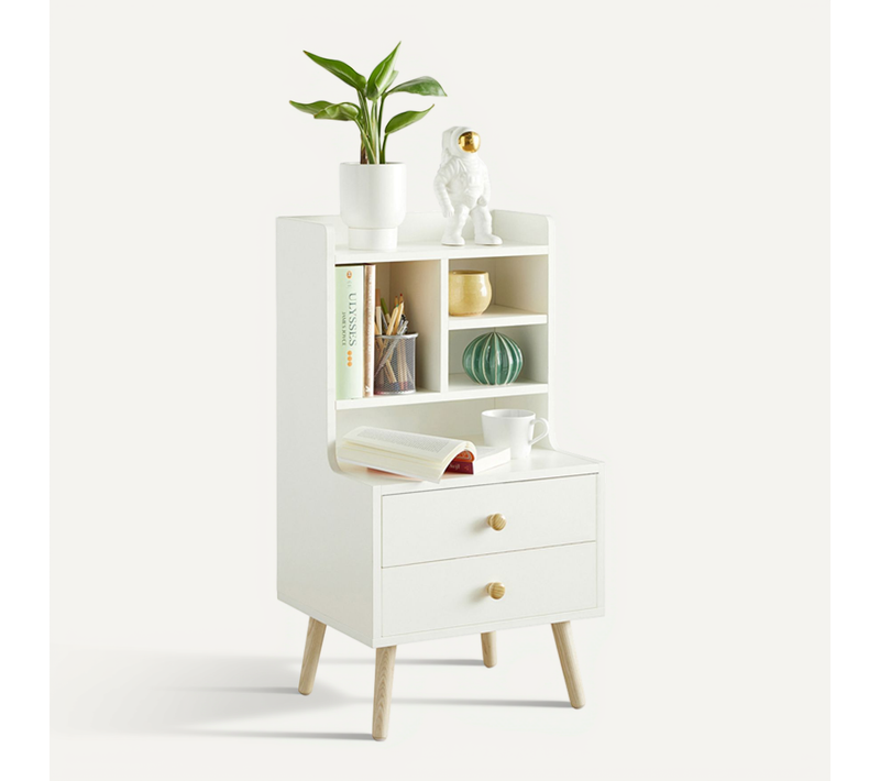 Table De Chevet Avec Étagères De Rangement Et 2 Tiroirs, Fbt100-w