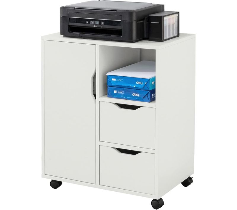 Caisson De Bureau, 2 Tiroirs et 1 Porte, Armoire à Dossiers Sur Roulettes, 60 x 35 x 70cm, Fbt105-w