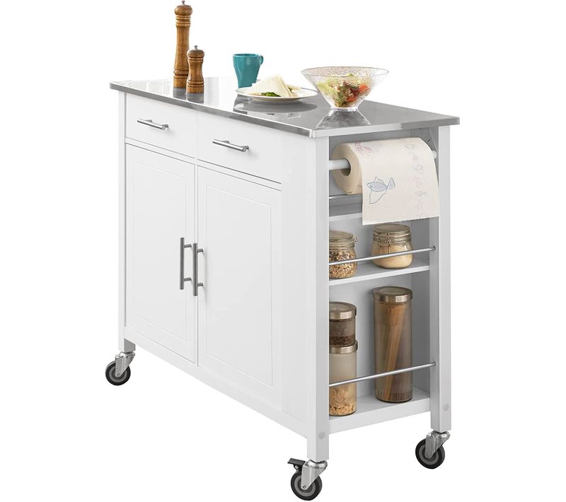 Desserte Roulante Chariot De Cuisine Avec Etagère Latérale, Portes Et Tiroirs, Fkw108-w