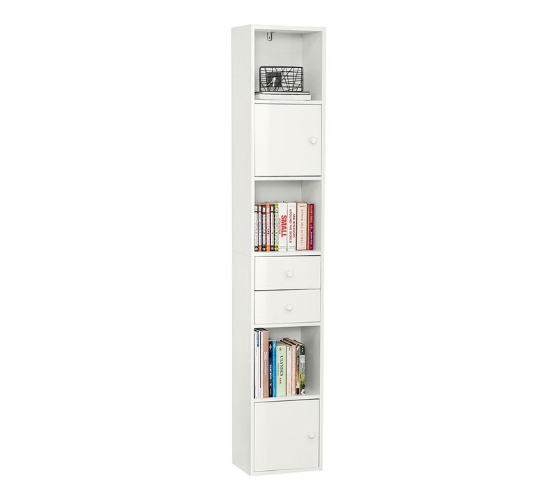 Étagère Sur Pied Étagère De Rangement Meuble Colonne Haute Avec 2portes Et 2 Tiroirs Blanc, Str10-w
