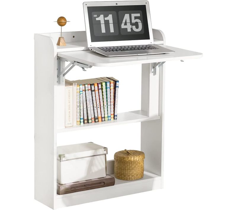 Bureau Pliant, Table D'ordinateur Rabattable Bureau Multifonctionnel Avec Etagères, Fwt92-w