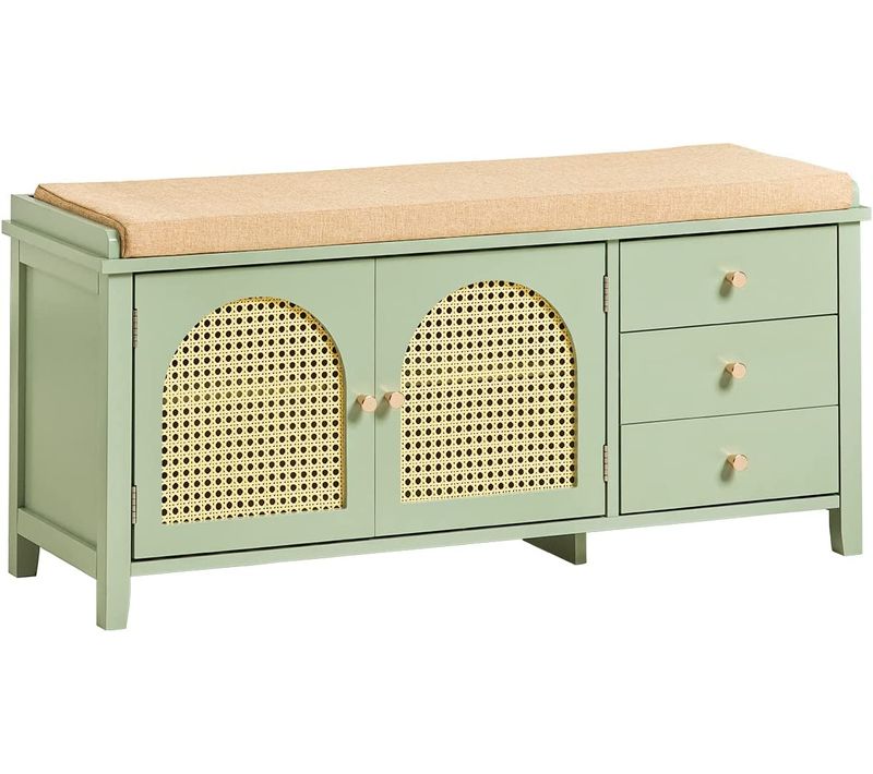 Banc De Rangement Meuble Banc à Chaussures Avec 3 Tiroirs 1 Coussin Rembourré Et 2 Portes, Fsr129-gr