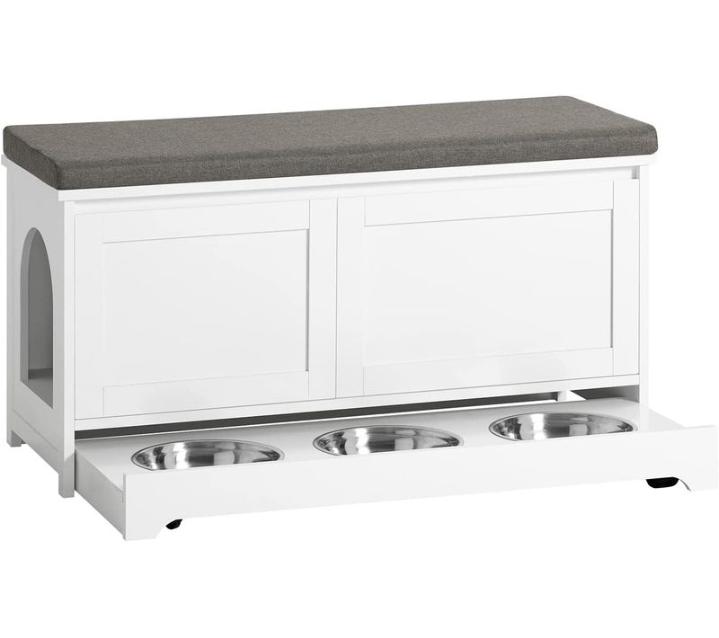 Banc De Rangement Banc à Chaussures Avec 2 Portes Et 3 Bols Meuble Bas Litière Chat, Fsr136-w