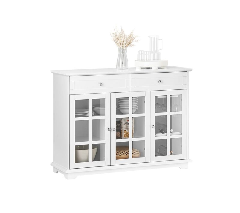 Buffet Bas, Commode Armoire De Rangement, Placard De Cuisine Avec 3 Portes Vitrées, Blanc, Fsb77-w