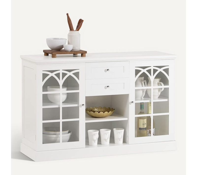 Buffet Commode Dressoir Armoire De Cuisine Avec 2 Portes Vitrées, 2 Tiroirs, 2 Compartiment, Fsb79-w