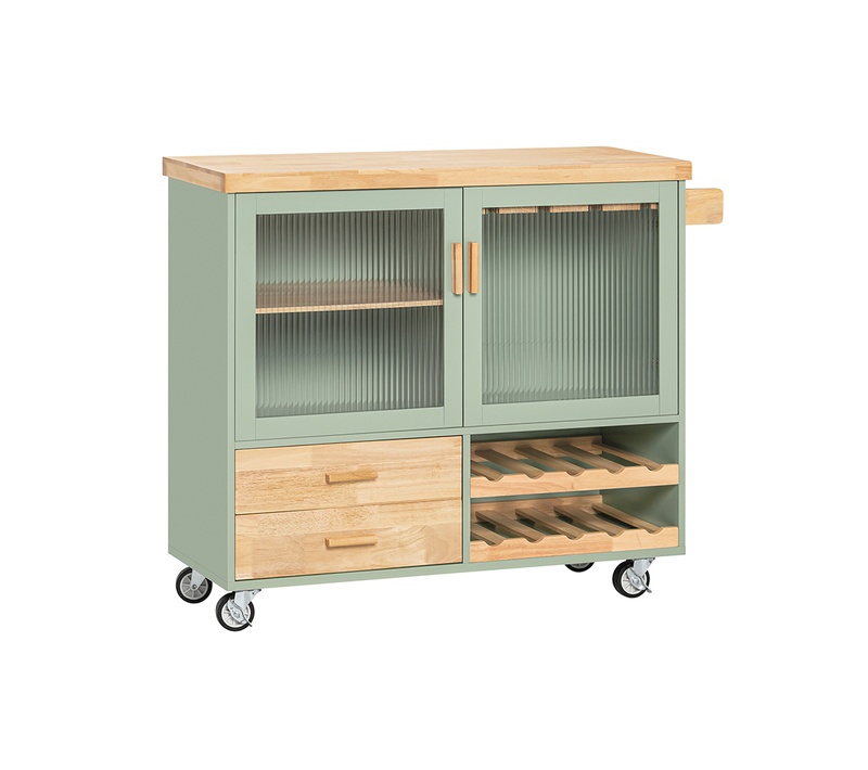 Desserte De Cuisine Sur Roulettes, 2 Portes, 2 Tiroirs Et Porte-bouteilles à 2 Niveaux, Fkw114-gr