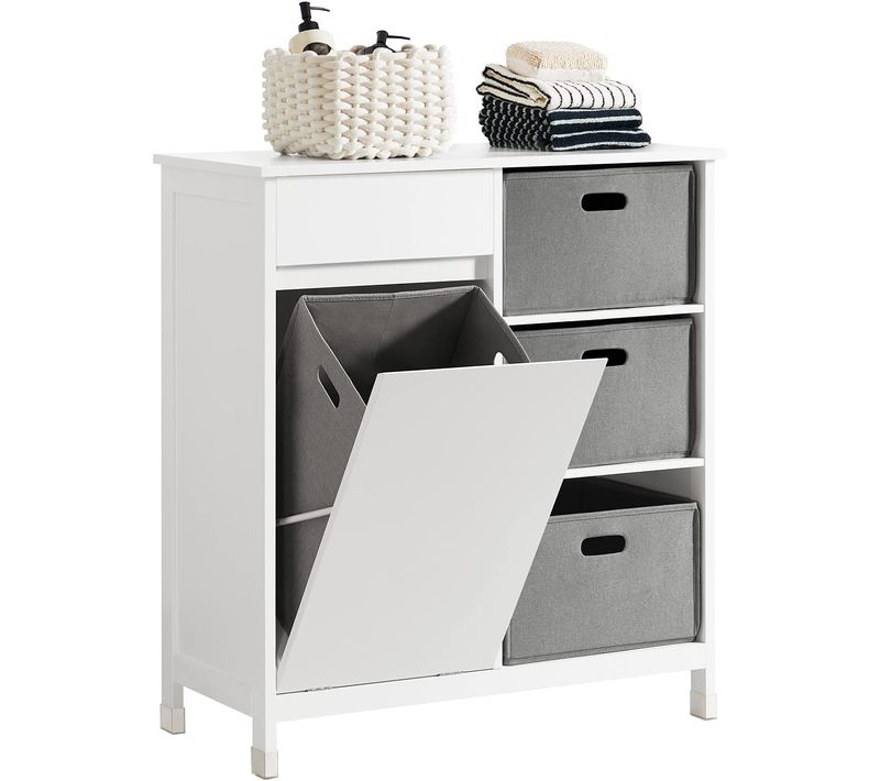Placard Meuble Bas De Salle De Bain Avec 1 Tiroir, 1 Panier à Linge 3 Panier, Sacs à Linge, BZr77-w