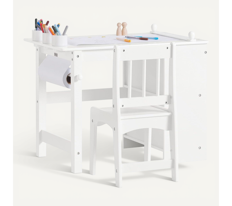 Ensemble Table Et Chaise Enfant Avec 2 Étagères, 1 Porte-rouleau De Papier, Blanc, Kmb60-w