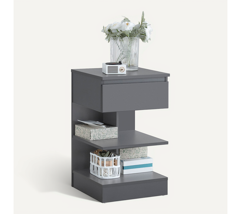 Table De Chevet, Avec 1 Tiroir Et 2 Étagères De Rangement, 39 x 39 x 65 cm, Gris, FBT49-HG