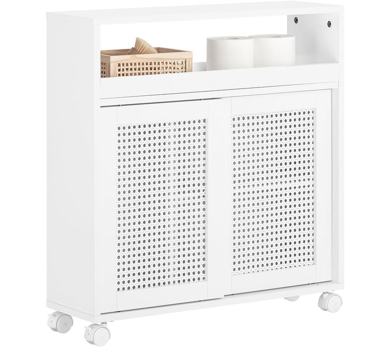 Armoire Wc Toilettes Compact Roulante Avec 2 Portes Coulissantes En Ploy Rotin, BZr119-w