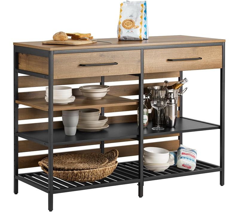 Îlot Central Table de Comptoir avec 2 Tiroirs et 3 Étagères – Style Industriel – 120 x 45 x 91 cm