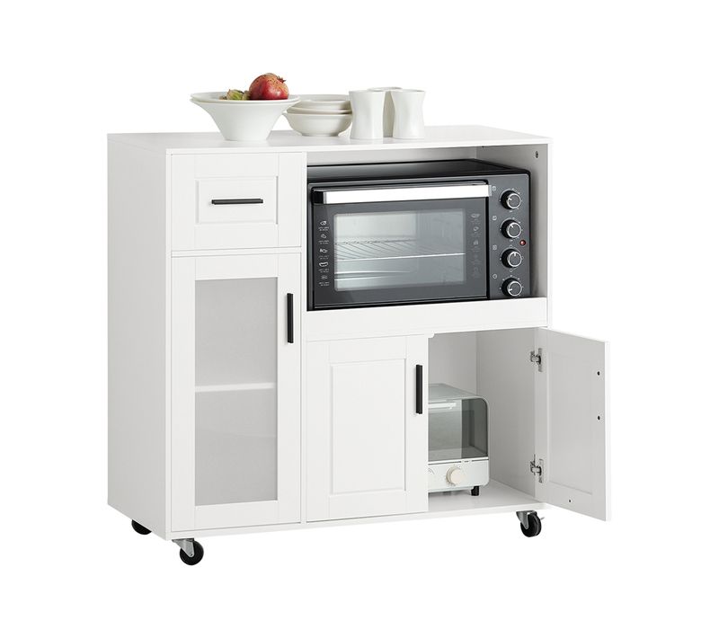 Meuble Micro-ondes Buffet Commode Sur Roulettes Avec 3 Portes, 1 Tiroir, 1 Compartiment, Fsb78-w