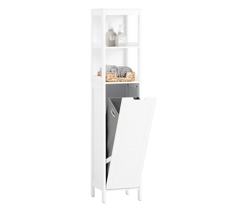 BZr123-w Meuble Colonne De Salle De Bain Avec Étagères Et Panier à Linge, Blanc