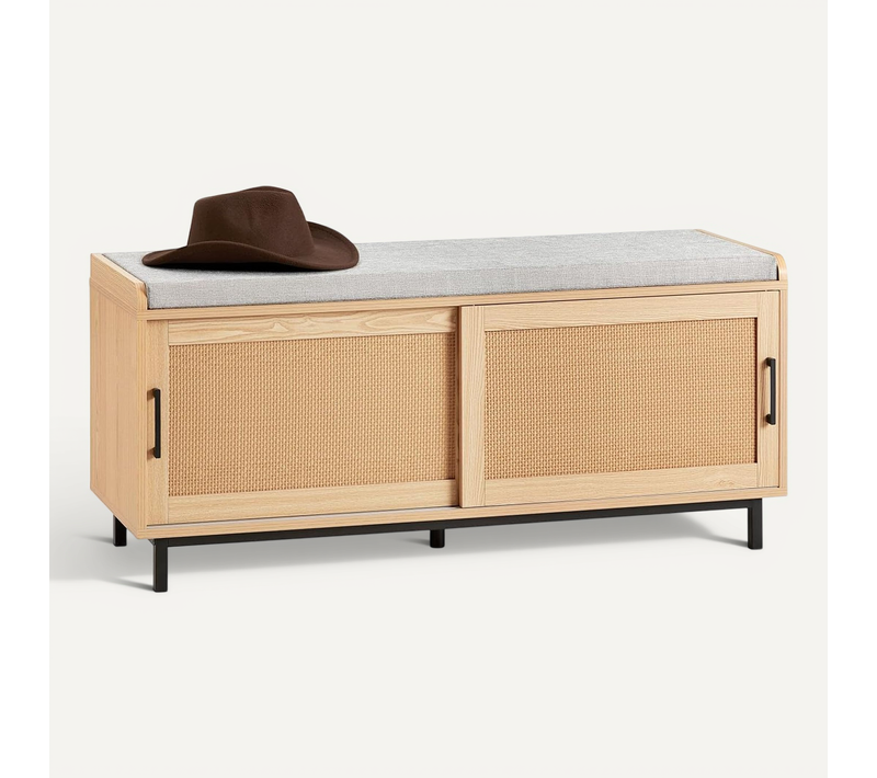 Banc De Rangement, Banc à Chaussures, 2 Portes Coulissante Et Façades Rotin Tissé, Fsr154-n