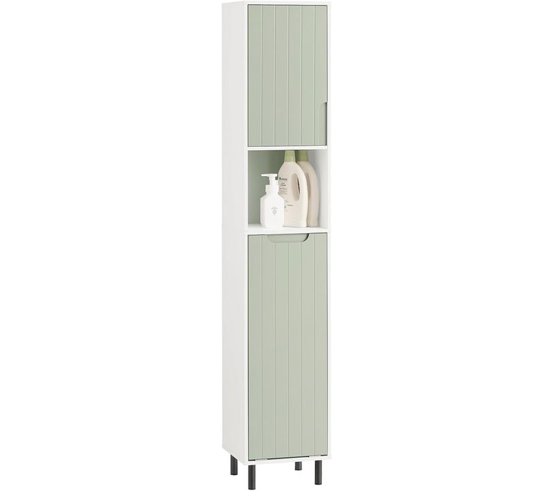 Armoire De Salle De Bain Étagères Réglables Et Panier à Linge, Vert Et Blanc, BZr137-gr