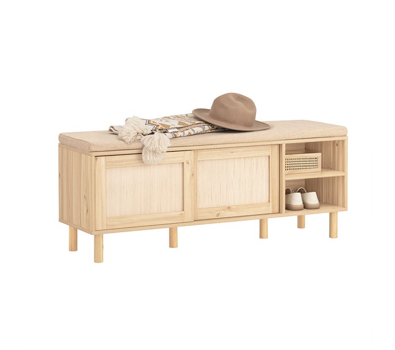 Banc à Chaussures Avec Coussin Rembourré, Étagères Et 2 Portes Coulissantes, Fsr163-n